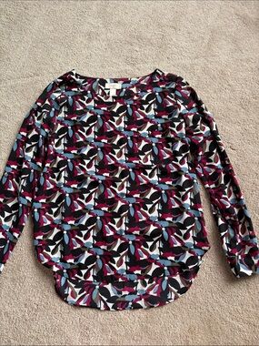 LOFT Multicolor Abstract Floral Long-Sleeve Blouse